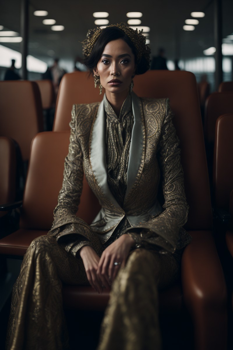 photo portrait of an woman wearing intricate attire sitting on a throne, airport lounge, edge light, well lit, bokeh, by w...