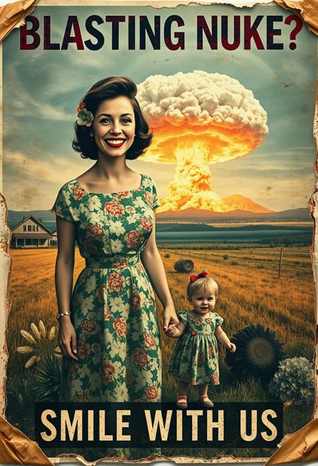 “A decayed, vintage-style poster from 1957, weathered and torn, depicting a surreal American country scene. The faded image shows a woman in a floral-patterned 1950s dress holding her young daughter’s hand, her wide, mad smile radiating an eerie charm. In the far background, a massive nuclear mushroom cloud dominates the sky, with fiery orange fireballs at its base and visible blast waves rippling through the landscape. The poster’s bold text, ‘BLASTING NUKE?’ across the upper section and ‘SMILE WITH US’ in the lower section, is faded, smeared, and inked with scribbles and stains. The paper appears rotten, with tears, creases, and discolored edges, evoking a haunting sense of abandonment and decay, adding to the unsettling atmosphere of the piece.”