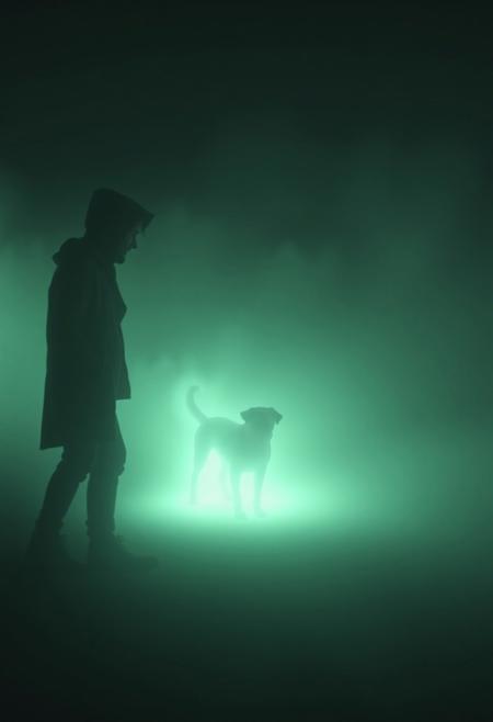 A glowing silhouette of a dog made of light walking beside a human in a foggy dreamscape, surreal emotional atmosphere, glowing fog, symbolic visual style, mystical and ethereal lighting