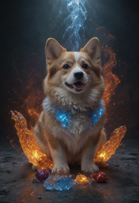 masterpiece, dramatic, cinematic lighting, crystal ice corgi, fire lava long hair cat, no humans, playing with pets toys made of different elements and materials, having fun, 90s sci fi background