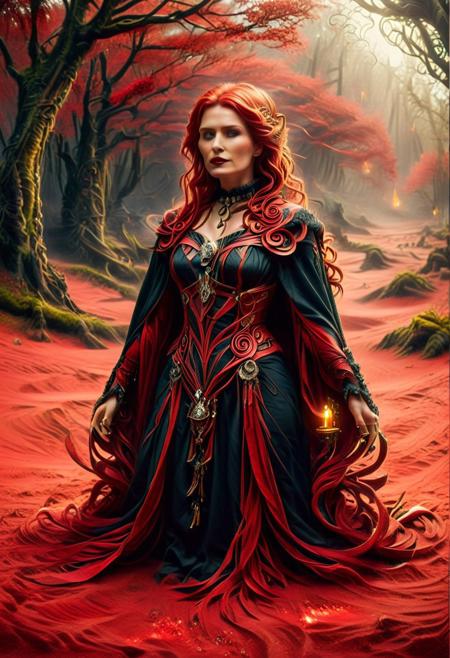 sandswirl, (red swirling sand background:2), indoors, standing, 1woman, solo, long hair, black choker, eyeliner, gorgeous lips, covered breasts, cinematic, best quality, ultra-detailed, very aesthetic, (natural eyes:1.4), freckles, aloof, (masterpiece:1.1), small waist, fitness body, wide hips, 32 years old, golden blond hair, censored, (big stained glass windows:1.4), (Victorian dress:2), (red ruby clothes:1.6), high end closure, Evil Queen, cinemascope, moody, epic, gorgeous, film grain, natural hands, red elbow gloves, knee boots, dramatic, ritual magic, freyja, auburn hair, braided hair, magic, forest, Viking queen, mythic beauty, feathered cloak, fur, armor, robe, braid, rune jewelry, photorealistic, cinematic, flowers, jewelry, photorealism, cinematic lighting, high fantasy, mythic portraiture, soft background, northern folklore aesthetic, (fully dressed:2), (RAW photo), 4K, best quality, realistic, photorealistic, masterpiece, extremely detailed, an extremely delicate and beautiful, dynamic, realistic anatomy, candle lighting, perfect shading, professional shading, depth of field, great lighting, goth wedge boots, elegant, gorgeous, highly detailed, detailed fluorescent hair with dark roots, 35mm, f1.4, dark lipstick, full shot photo, perfect face, perfect anatomy, cute, beautiful, perfect beauty, amazing beauty, absolutely perfect, perfect skin, gentle, highly detailed, breathtaking, clear skin, (swirling sand clothes:2.6).