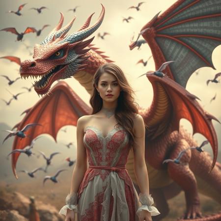 a beautifull woman is satanding in front of a dragon , the dragon is red and blue, super focus on female, many baby dragons are flying in the backround, superrealistic