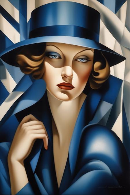 <lora:Tamara De Lempicka Style:1>Tamara De Lempicka Style - women in blue modern hat looking directly at me surrounded