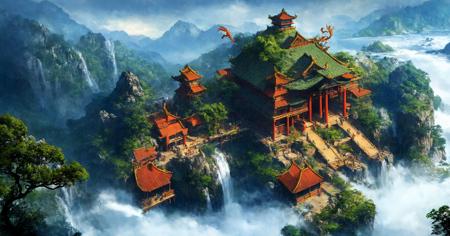 (masterpiece:1.2),best quality,high resolution,unity 8k wallpaper,(illustration:1),scenery,
fog, scenery, architecture, east asian architecture, water, no humans, tree, waterfall, bridge, outdoors, dragon, glowing, mountain, giant