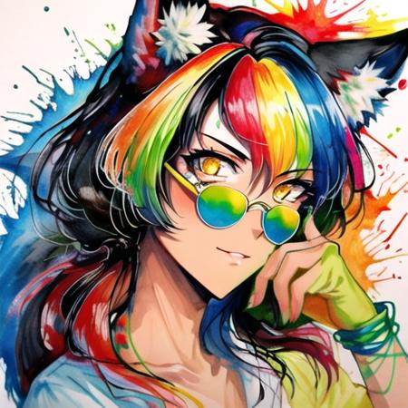 masterpiece, 1girl, wolf ears, animal ear fluff, tail, dark skin, orange hair, yellow eyes, glasses, office lady,  <lora:inkpun:1> inkpun,inkpun,  paint splatter, splatter,dripping,  colorful