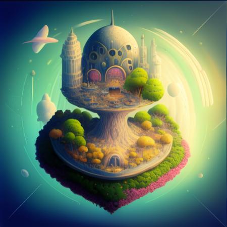 a good photo of the Isometric_Dreams,  surrounded by trees and a moon in the sky,a tree house with a tower and a staircase inside of it