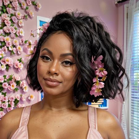 <lora:BrenndaMartins:0.8>brennda, a woman in a black dress standing in front of a pink wall with flowers, (closeup photo), (perfect face), bokeh, 135mm, 8k, super detail, ccurate, best quality