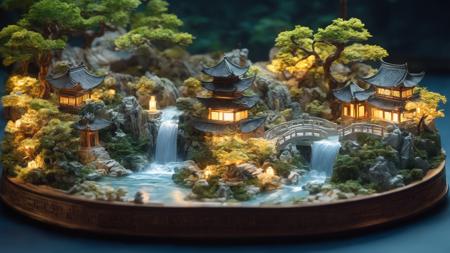 Diorama,Qingtian stone carving, Chinese jiangnan garden isometric diorama, waterfall, pavilidon, night, Cascading, steps, pine tree, chinese plants, beautiful, hyperdetailed illustration, fantasy, volumetric lighting, concept art, Cinematic, lighting, digital art, 8k