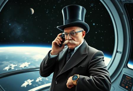 A rich person with a monocle, a moustache and a top hat, is staning on a space station. 1950s style. The person has a hologram watch, wich he is taking a phone call with. He is not wearing glasses. He wars only a moncole, wich are glasses with only one lens.