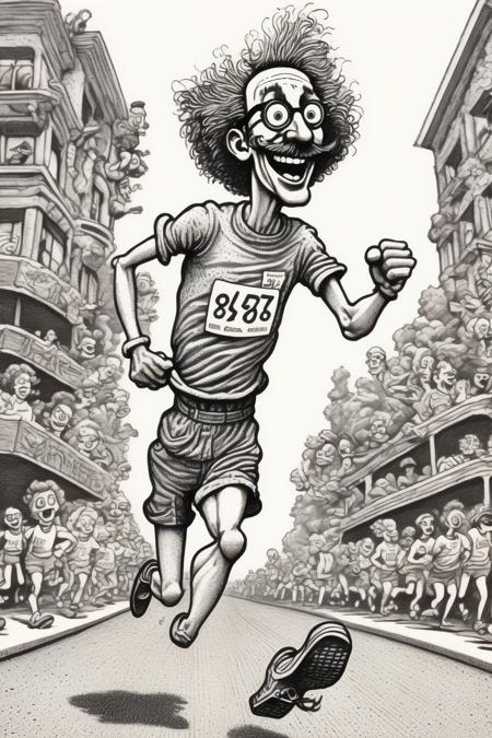 <lora:Robert Crumb Style:1>Robert Crumb Style - a hyper-stylised pen drawing of a marathon running man in the style of a Robert Crumb cartoons