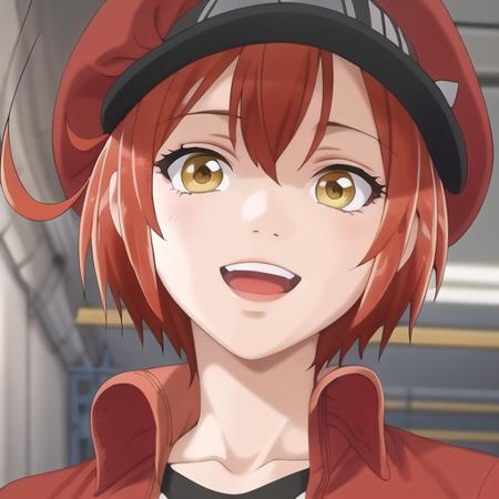 (masterpiece, best quality:1.2),illustration,8k,hd,1girl,upper body,(portrait:1.2),solo,red hair,hat,smile,short hair,yellow eyes,ahoge,red headwear,red jacket,black shirt,denim shorts,white gloves,red footwear,black socks,red belt,cropped jacket,<lora:Red Blood Cell-V1:0.9>,