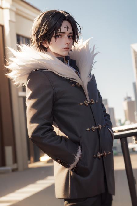 (masterpiece, best quality:1.2), <lora:hxh_lucilfer-10:0.8>, cowboy shot, solo, male focus, 1boy, chrollo lucilfer, expressionless, closed mouth, hands in pockets, fur trim, black coat, open coat, long sleeves, black pants, jewelry