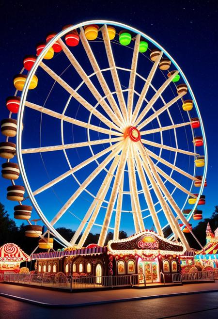 Sweet Delight, ((Ferris Wheel)) made of creamy cookies, carnival ride of sugar, glowing gumdrop lights, night of sweet delights, moonlight, candyland, striking, lively colors, intense colors, picturesque, masterwork, exemplar quality, global illumination, SFW, PG, exquisite detail, digital art, dw01-3400