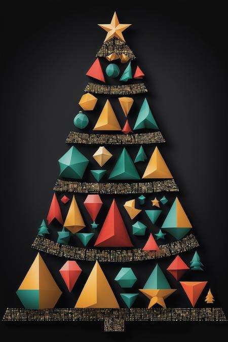 create a visually striking image of a (christmas tree) made of different geometric shapes like square,  circle,  triangle etc,  black background,  extremely high detailed,  superior high quality