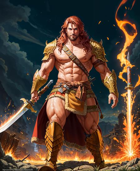 a painting of a man with a bastard sword, 1man, barbarian,  (masterpiece, best quality), particle effects, epic explosion background, vivid, hdr, night time, very detailed, (cell shaded:1.2), ray tracing, total chad