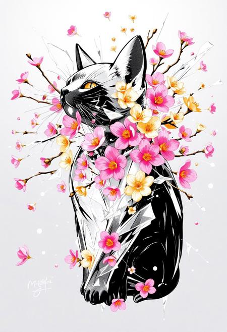 bmstyle anime "A cat made of translucent, crystallized material shatters outward, with shards transforming into a burst of vibrant Sakura flowers. The flowers are varied in color and species, blooming mid-air as if born from the explosion. Soft light refracts through the crystal fragments, creating a surreal, dreamlike atmosphere." <lora:FLUX-daubrez-DB4RZ-v2:0.35> DB4RZ, DB4RZ style painting <lora:illustration004:0.8> illustration004 chaotic expressive line-art scribbled and erratic strokes monochromatic black ink <lora:Scribble Portrait Drawing:0.35> Drawing <lora:aidmaMJ6.1_v0.5_3:0.35> aidmamj6.1, aidmamj6, mystcorbCE_style