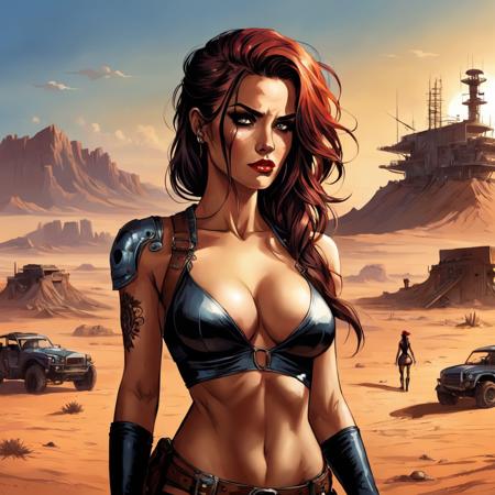 sexy female wastelander on a desert, cyberpunk art by Tim Doyle, trending on Artstation, retrofuturism, apocalypse art, digital illustration, apocalypse landscape