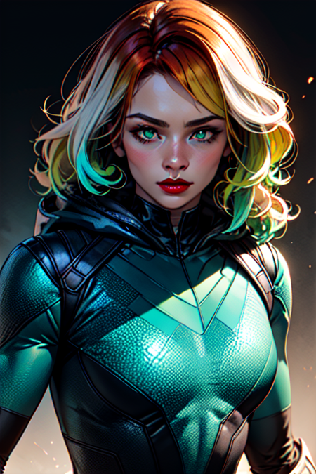 25D_Loras, masterpiece, best quality, 1girl, red lips, solo, green eyes, green and yellow body suit, curly hair, multicolored hair, white hair, auburn hair, two-tone hair,ombre , Rogue of the X-men, Anna Lebeau, bangs, hood, side lighting, skiny skin, superhero,best illustration, detailed eyes, best illustration <lora:25D_Loras:0.8>