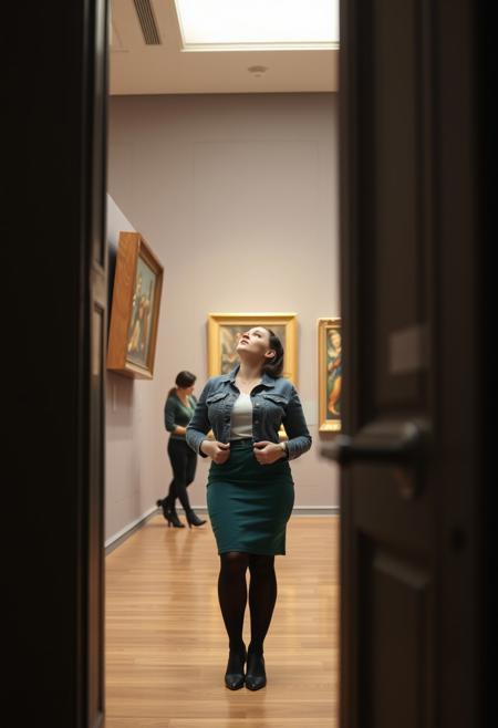 a candid photograph zoomed in through a doorway of a thick curvy and fit hourglass figure caucasian woman with pale white skin and freckles gazing up at an artwork in a modern museum, wearing a teal pencil skirt, tights and a cropped denim jacket