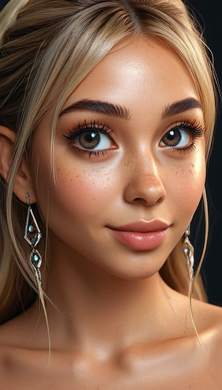(Cel-shading:1.8), (in ARTIST style:1.7), (masterpiece:1.7), tsundere, cartoon style, comics style, fantasy theme, from side,
(masterpiece), (best quality), (ultra-detailed)
(Medium shot:2) gorgeous elf girl face, cute, beautiful, gorgeous, dark skin, smiling:1.1, (both hands on cheeks:1.1), showing emotions, perfect body, solo, long hair, (very long eyelashes:2),perfect blonde hair, streaked blonde hair, , bangs, freckles, striking large eyes, aligned eyes, mirror eyes, witch costume, , , indoor witch hut, gorgeous,fantasy theme,
eyeliner, trendy portrait, bare shoulders, tender Aesthetic nose, perfect lips, gorgeous lips, puffy lips, sensual lips, cinematic,
(masterpiece), (best quality), (incredibly detailed:1.4) (beautiful detailed face, beautiful detailed eyes), (ultra-detailed), very aesthetic, illustration, perfect composition, intricate details, absurdres, detailed skin, clean skin,  pure skin,
(masterpiece:1.8), (highest detailed:1.8), (angle:0.9), perfectly lighted, (contrast), (saturated), (((sharp focus))), (hyperdetailed:1.3), (intricate details:1.2), (Refined details:1.3), (best quality:1.5), highly detailed textures,
<lora:Apparatus_-_Traction_City_Walkers_Vehicles:0.6>,
<lora:add-detail-xl:1> (ultra sharp focus:1.8), (detailed skin:1.8), (best quality:1.8),
<lora:glowneon_xl_v1:0.6>
<lora:Someplastic_b:1>