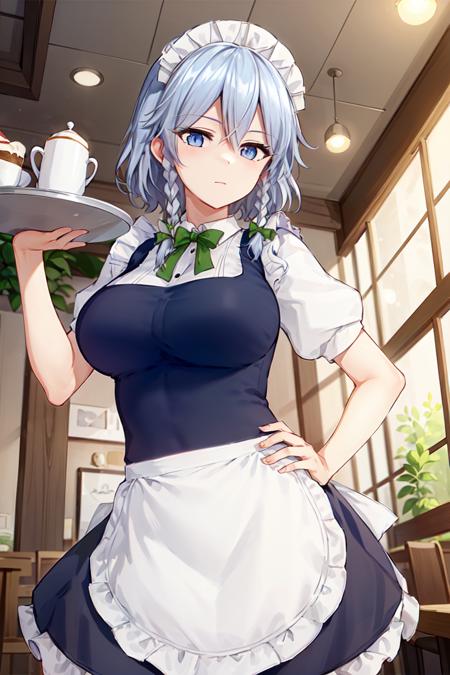 ((masterpiece, best quality,distinct image)), 1girl, solo, touhou, izayoi sakuya, medium breasts, maid, white shirt, puffy short sleeves, frills, white maid apron, maid headdress, blue dress, green bowtie, looking at viewer, tray, expressionless, in a cafe, board, lights  <lora:Izayoi Sakuya:0.6>