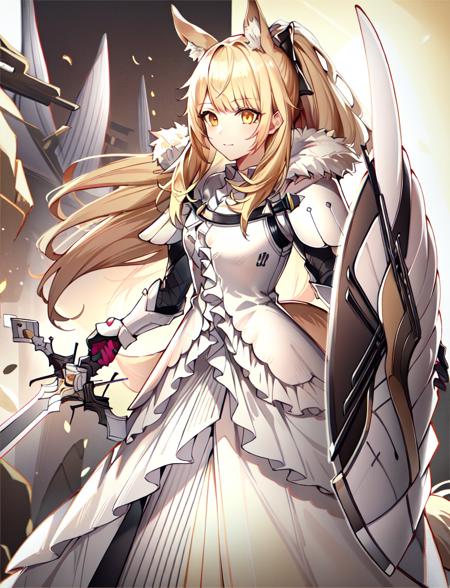 masterpiece, best quality, high resolution, solo, 
1girl, blond hair, yellow eyes, ponytail, animal ears, tail, 
OriginalOutfit2, white long dress, armor,  sword, shield, 
 <lora:ArknightsBlemishine:0.9>,