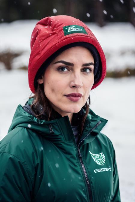 ezg wearing green jaket, red head, falling snow, Katyasitak, closeup, masterpiece, higeres, 4k, hdr, trending on ArtStation, <lyco:EizaG-RealVision-V1.0:1.0>