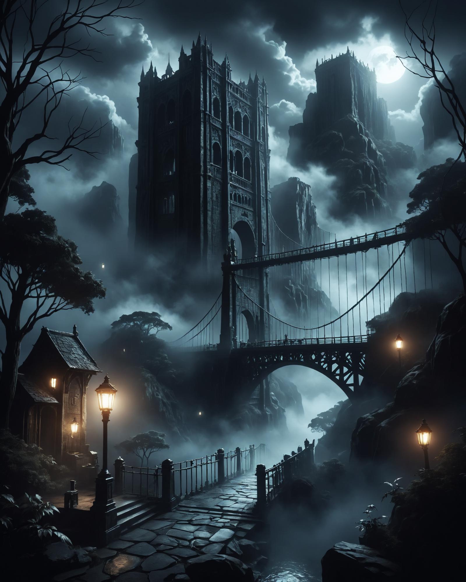 A Gothic Castle with a Bridge in the Middle of a Forest at Night