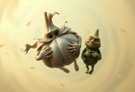 Envision a scene where a human-like garlic figure floats in a surreal, swirling fog. This garlic character has a face with expressive eyes making direct contact with the viewer, and delicate, leafy “hands” that emerge from its cloves, adjusting a windswept cloak around its shoulders. Beside it, a relaxed weed bud character, with a sly grin, leans close, puffing a smoky cloud that drifts into the spiraling air around them. The image, captured in award-winning detail, appears like a high-resolution 35mm photograph, with a grainy, vintage feel, touched by Kodachrome warmth and a soft vignette that adds to its otherworldly, Lomography-inspired charm.