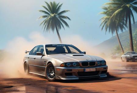 BMW e39 3, scratches, rainbow dust, fog, dirt, very beautiful, car on the island, by the fire, against the backdrop of a palm tree, the car is covered in mud and creaks, water on the ground, 3d rendering, cyberpunk, car with an American sports cars, street racing, perfect image, vibrations, game asset , symmetrical, tuner, modified car, wide body, tram, street racing, 4k, modding culture, photorealistic, high detail, game ready, other car racing, city life