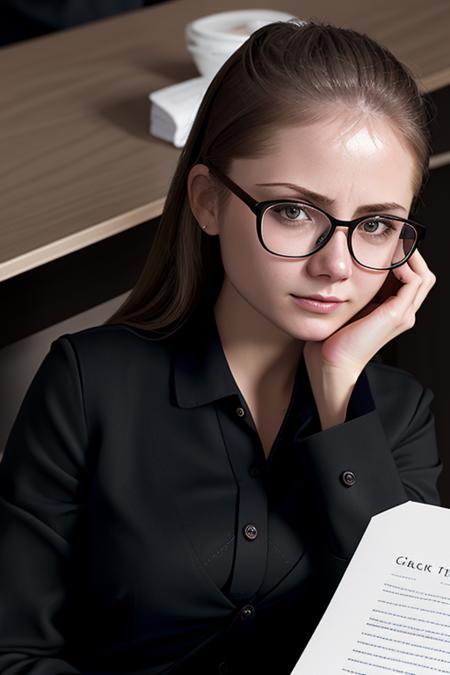 a photo of AM009_Camomile_v2,
30 years old woman, (black three-piece suit and shirt:1.4), glasses,
sitting at the counter desk with lot of business papers, <lora:LowRA:0.5>
soft light, golden hour, shoulder shot, (close up:1.5), 
4k textures, natural skin texture, skin pores, intricate, highly detailed, sharp focus, insane details, intricate details, hyperdetailed, hyperrealistic