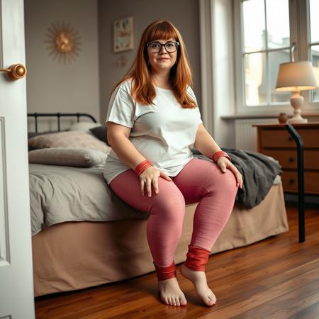 A full body shot of a chubby adult Scottish woman with long straight bangs, glasses, a white t-shirt, and pink textured leggings. She is barefoot wearing pin bdsm lether cuffs on anklessitting  the side of a daybed in a bedroom with hardwood floors. Warm lighting,