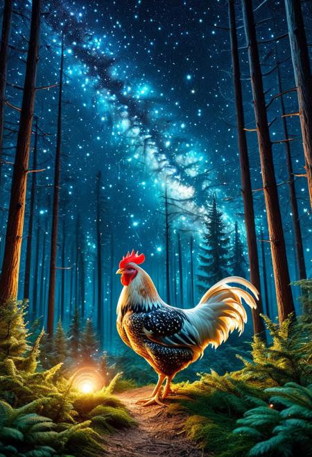CosmicStyle,space,fantasy,Shimmering stars,starlight ,animal, chicken,full view,masterpiece, best quality, amazing quality, aesthetic,outdoor,trees,fantasy,forest