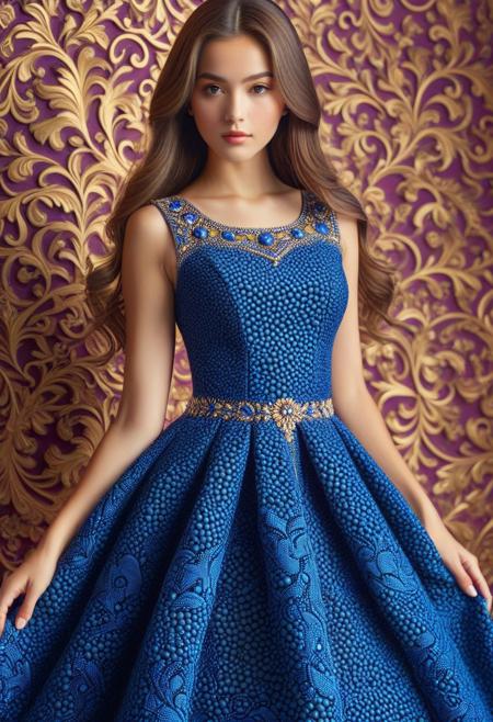 blueberrym0rph, blueberry dress, intricate details, ultra sharp, exquisite detail, flawless composition, vivid colors, masterpiece, Super model, portrait, stoic, expressionless, beautiful, photorealistic, UHD, 8K, masterpiece, detailed, ultra_high_resolution, lots of detail, YurYuna, brown hair, modest, sfw, gorgeous, looks beautiful and aesthetic, colorful background, key visual, luxurious, artistic, high resolution, digital art, visual aesthetics, contemporary design, vibrant colors, artistic composition,  elegant, intricate detailing, modern,
