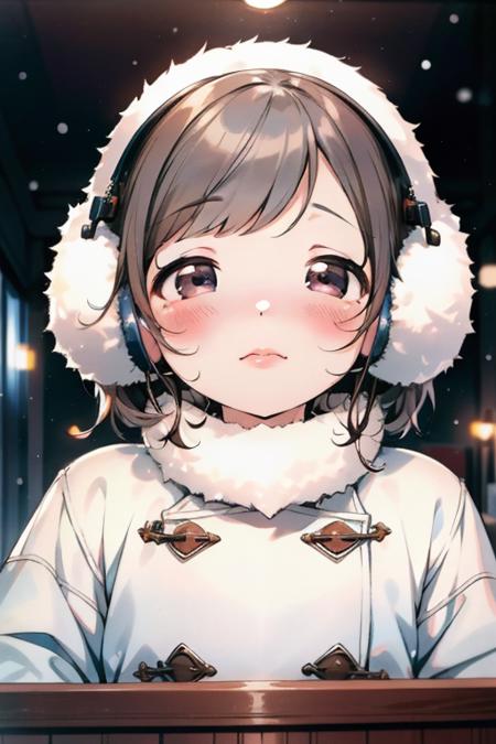 looking up, pov, winter, snow, outside, coat, earmuffs, blush, frown, henreader, masterpiece, best quality