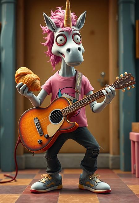 a weird Peruvian dvd that is a mix of cel animation, claymation, early CGI, and live-action, a creepy CGI man in a pink unicorn t-shirt holds a guitar in one hand, and a Croissant in the other,