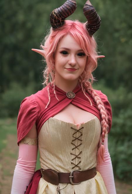 nixie sclera black eyes pink skin freckles pink hair pointy ears horns