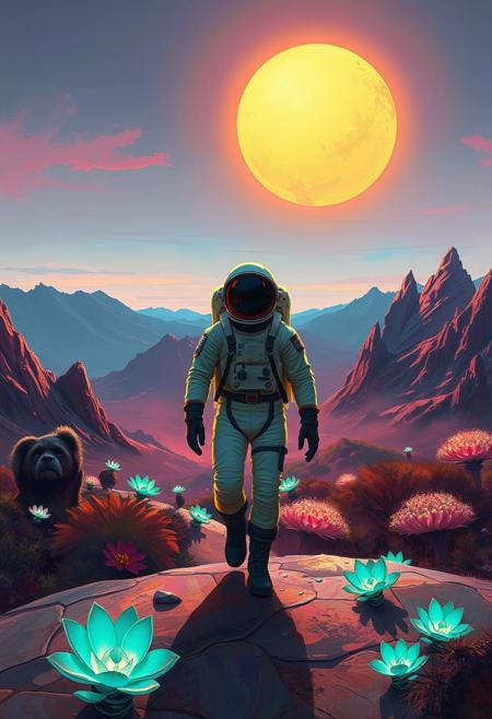 astronaut walking, alien planet, glowing sun, bioluminescent plants, surreal landscape, futuristic space suit, twilight sky, alien flora, jagged mountains, vibrant colors, dreamy atmosphere, science fiction, cosmic exploration, lone explorer, cinematic lighting, cinematic romanticism, expressive abstraction, sensual brushwork, dramatic lighting, stylized figures, emotional realism, contemporary impressionism, vintage fashion, abstract backgrounds, rich color palette, poised movement, painterly energy, narrative tension, soft and bold contrasts, romantic elegance, visual emotion, textural expression, intimate storytelling, modern figurative art, layered atmosphere