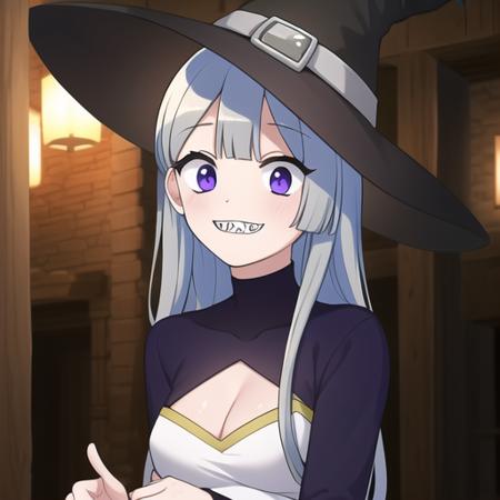 (masterpiece, best quality:1.2),illustration,8k,hd,absurdres,1girl,solo,upper body,(portrait:1.2),long_hair,smile,breasts,cleavage,bangs,purple_eyes,grey_hair,teeth,grin,black_headwear,witch_hat,sharp_teeth,sidelocks,black_thighhighs,long_sleeves,purple_dress,cleavage_cutout,clothing_cutout,wide_sleeves,white boots,<lora:Witch(remake):0.8>,