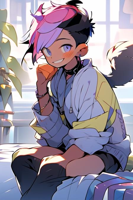 (masterpiece, best quality:1.2), illustration, absurdres, highres, extremely detailed, perfect face, 1boy, male focus, (adult male:1.2), sitting on bed, purple hair, short hair, messy hair, purple eyes, blue off the shoulder sweater, black sport shorts, bulge, black thigh highs, dog collar, flat chest, thick thighs, tall, smiling, looking at viewer, dog ears, dog tail, femboy, otoko no ko,