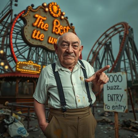 score_9, score_8_up, score_7_up, a decadent amusement park, dirty, trash, dust,  a giant HORRIBLE ruined roller coster with a large sign with lights with the text "The Best in the world", some light bulbs burned out
An elderly man with a wrinkled, semi-bald face with a grimace, squinting eyes, wearing suspenders, shorts, and a dirty white shirt, mustard and ketchup stain,  pointing at a sign with the text "1000 buzz to entry"