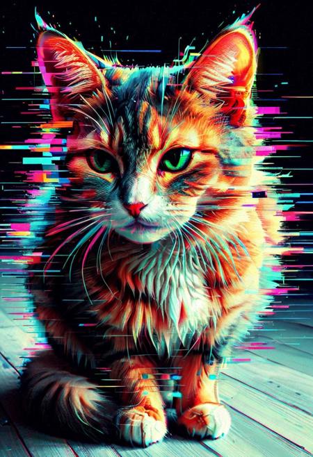 a glitch art style cat, flickering, digital, glitch style, colorful, distorted, abstract shapes, futuristic, high detail, sharp focus
