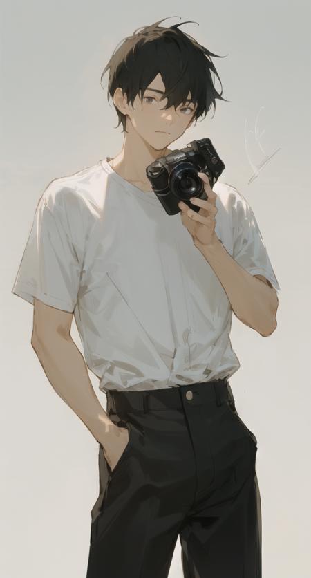 Veiling Glare, 1boy, male focus, solo, camera, shirt, holding, white shirt, signature, holding camera, short sleeves, short hair, pants, cowboy shot, black pants<lora:Veiling_Glare-pynoise-000009:1>