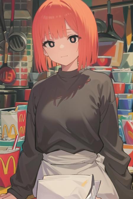 yorumac, <lyco:yorumac-lyco-nochekaiser:1>,
yoru mac, short hair, bangs, (black eyes:1.5), blunt bangs, orange hair, bob cut, smile,
BREAK shirt, long sleeves, pants, sweater, grey pants,
BREAK looking at viewer, full body,
BREAK indoors, restaurant, mcdonalds,
BREAK <lyco:GoodHands-beta2:1>, (masterpiece:1.2), best quality, high resolution, unity 8k wallpaper, (illustration:0.8), (beautiful detailed eyes:1.6), extremely detailed face, perfect lighting, extremely detailed CG, (perfect hands, perfect anatomy),