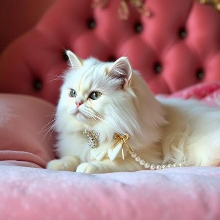 a magnificent all-white snow-white Persian purebred long-haired cat, adorned with a resplendent diamond collar, exudes elegance as it reclines on a plush pink blanket. The creature's luxurious long fur and piercing light-blue eyes command respect and admiration, embodying the essence of feline beauty amidst the opulent setting. Velvet, pearls, bows, opulent, lavish
