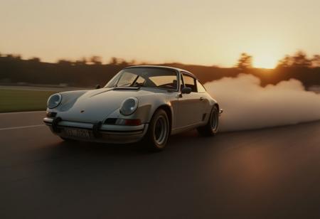 cinematic photo of a fast moving drifting classic Porsche 911 at sunrise, motion blur, moving tires, Movie Still, Film Still, Cinematic, Cinematic Shot, Cinematic Lighting