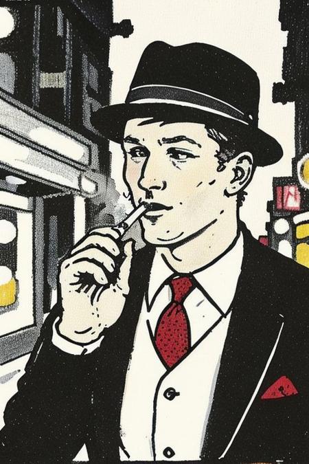 <lora:JarringlyWholesome:1> illustration, jarringlywholesome <lora:carlosgimenez:1> gimenez black and white drawing close portrait of a detective wearing trilby and 1950s suit, lighting a cigarette in a dark city street, cinematic angle