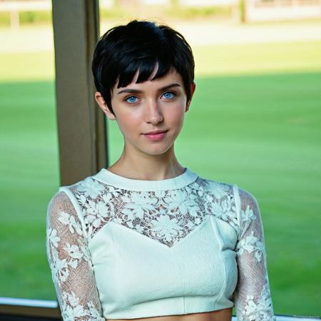 RAW full body analogue photo of a beautiful 20 years old woman, clear focus, 8K,__Random_Woman__,perfect face, sexy pose, wearing, See-through long-sleeved white lace top, long narrow black skirt split to the thigh, (((Cute pixie cut hair))), perfect eyes, detailed eyes, detailed iris, realistic skins absolute perfect tits, soft tits, natural tits, large breasts (sexy thicc body) ,low light, soft natural light, Rembrandt style light, Hasselblad DLSR camera, 200mm Zeiss lens, f/2.8 ,Sexy pose, erotic pose, exhibitionism