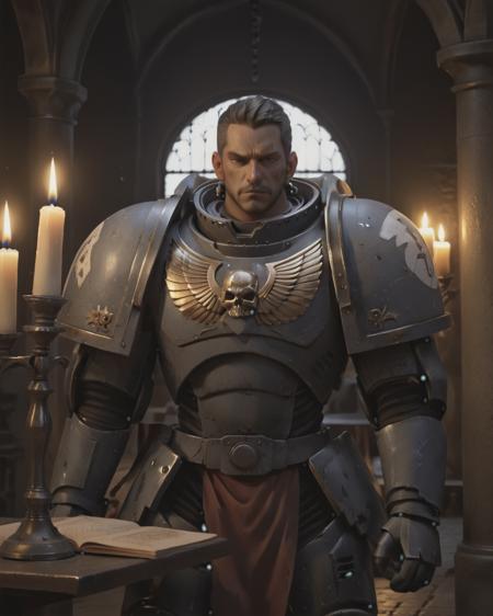 uhd, 8k, high quality, anime style, a man in knight armor, in a gothic castle, lit by candle light <lora:primaris_marine-knight_armor-000007:0.8>