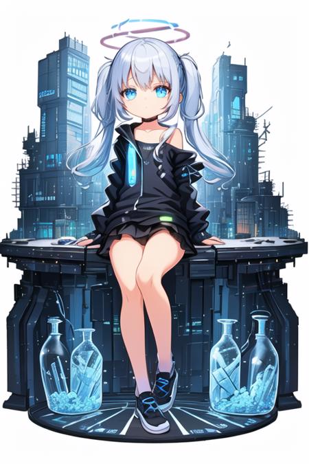 (white background:1.13), black theme, (blue theme:0.95), (overall view:1.2), (tachi-e:1.2), (full body:1.07), (1girl:1.5), solo, (loli:1.5), (flat chest:1.2), (kawaii:1.2), (detailed and beautiful girl:1.2), clear face, crystal silver hair, (very long twintails:1.13), blue eyes, (detailed complex [halo|magic circle]) on the girl head, black off-shoulder shirt, deteached sleeves+long sleeves+puffy sleeves, black mini skirt + layered skirt, (techwear:1.25), no expression, (cyber city building:1.3), (the girl holding a cyber glowing mechanical sword:1.16), (glass jar:1.25), (girl sitting in jar:1.3)